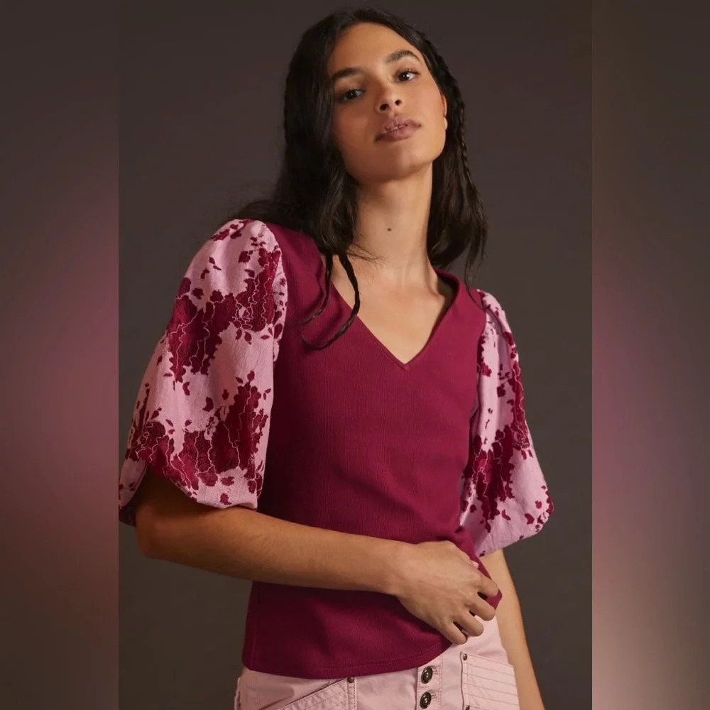 DOLAN by ANTHROPOLOGIE‎ NWOT Lace Puff Sleeve Top in Wine